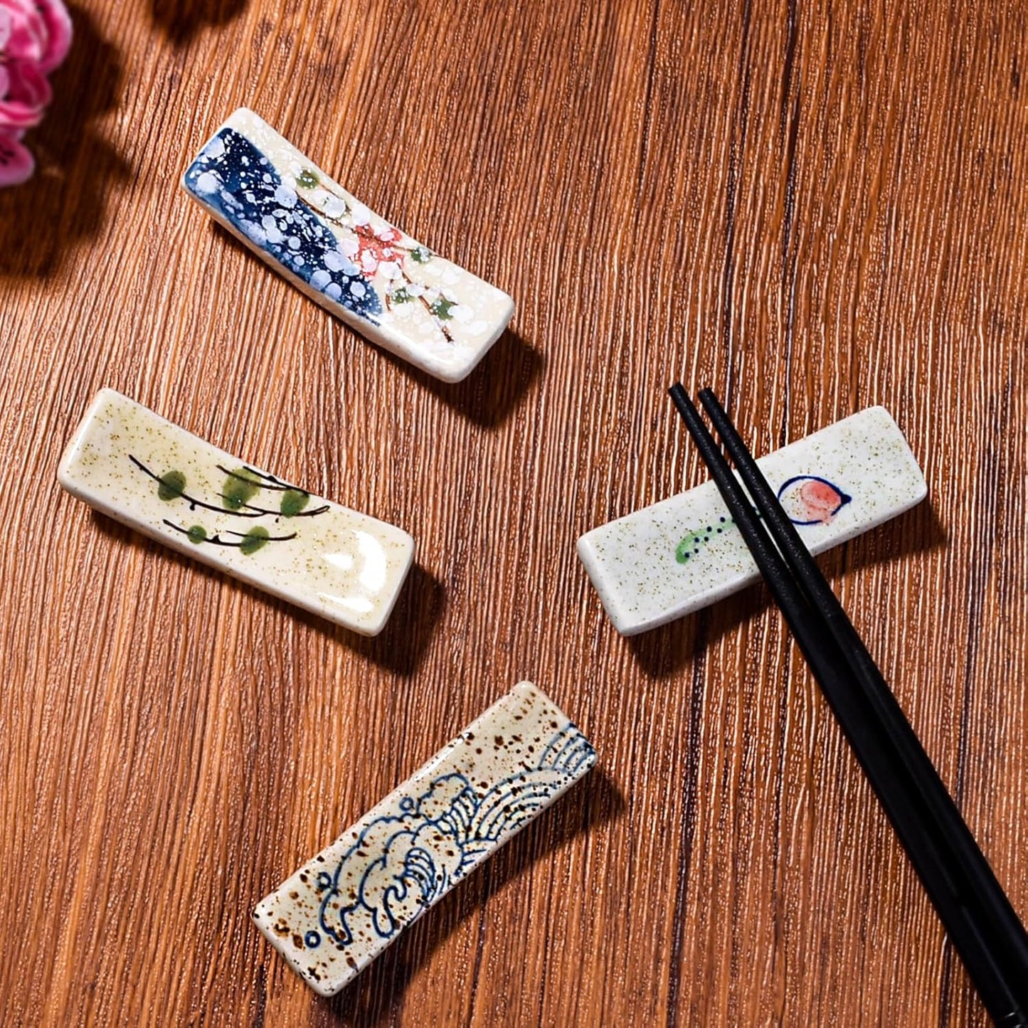 Set of 4 Japanese Ceramic Chopstick Rests – Vintage Glaze Hand-Painted Utensil Holders