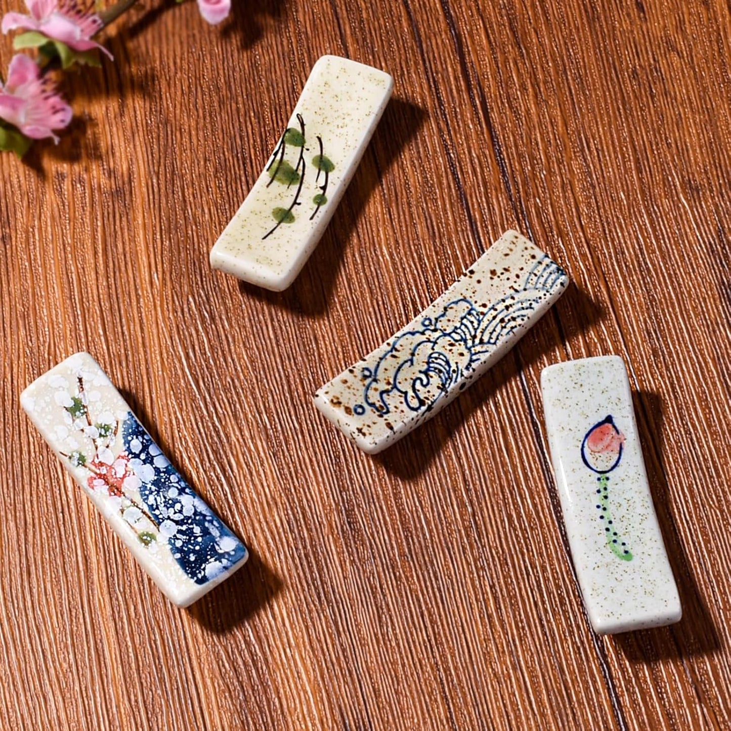 Set of 4 Japanese Ceramic Chopstick Rests – Vintage Glaze Hand-Painted Utensil Holders