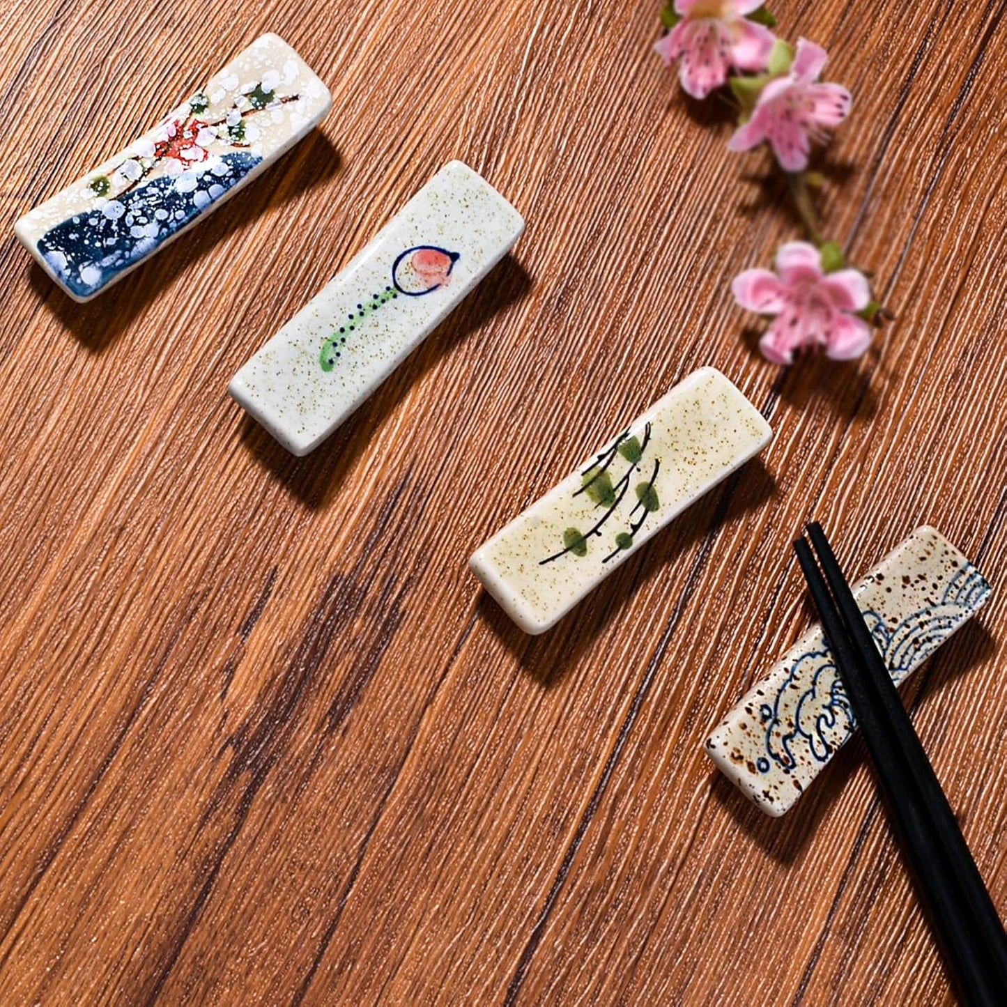 Set of 4 Japanese Ceramic Chopstick Rests – Vintage Glaze Hand-Painted Utensil Holders