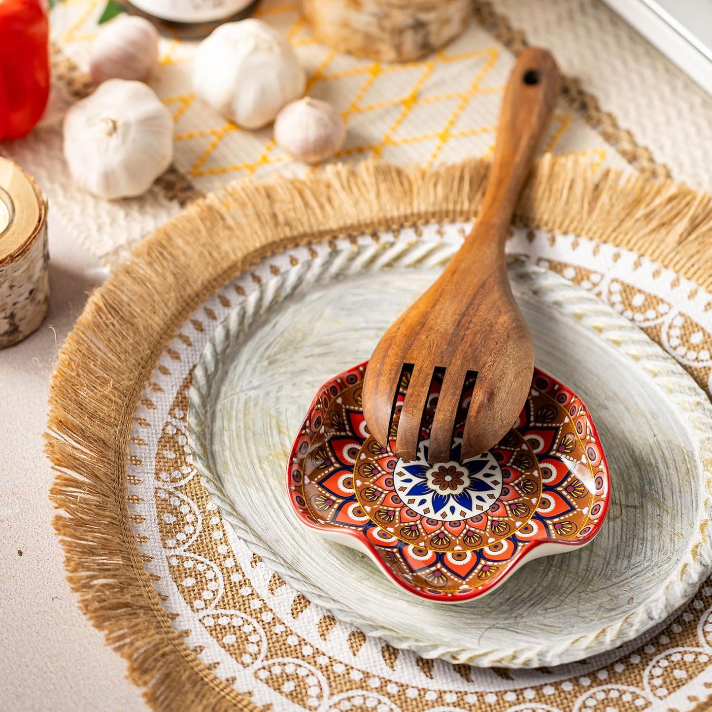 Mandala Ceramic Spoon Rest – 5.3" Decorative Boho-Style Wavy Plate for Kitchen Utensils