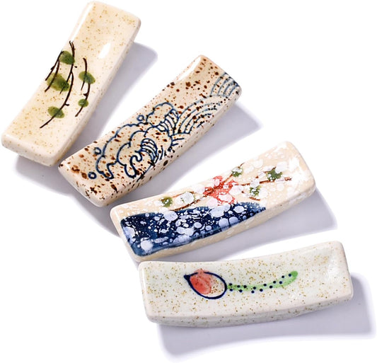 Set of 4 Japanese Ceramic Chopstick Rests – Vintage Glaze Hand-Painted Utensil Holders