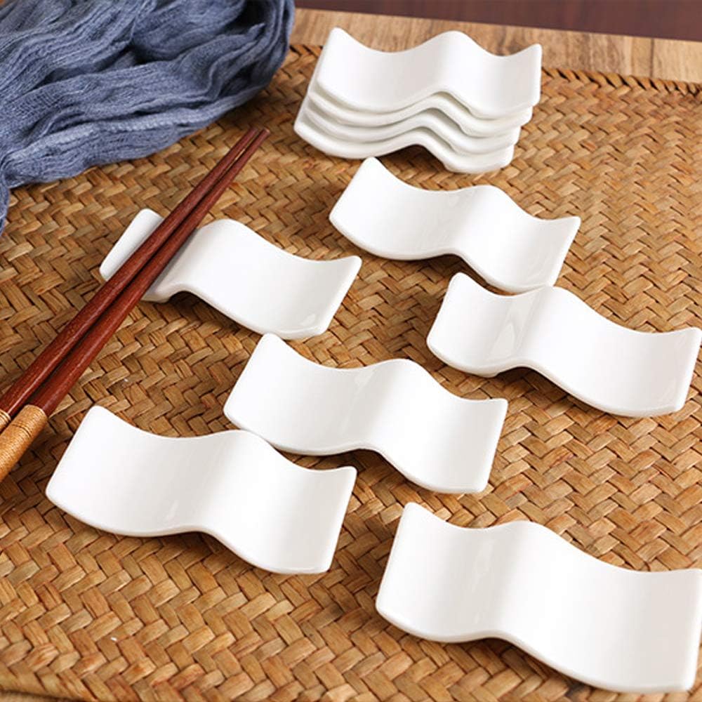 6PCS White Ceramic Chopstick and Spoon Rest – Wave-Shaped Porcelain Utensil Holder – Elegant Tableware for Home and Restaurant