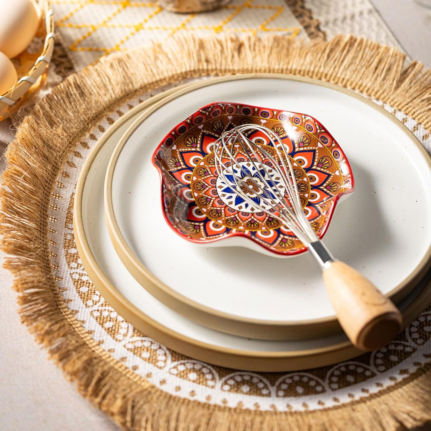 Mandala Ceramic Spoon Rest – 5.3" Decorative Boho-Style Wavy Plate for Kitchen Utensils