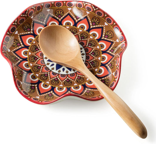 Mandala Ceramic Spoon Rest – 5.3" Decorative Boho-Style Wavy Plate for Kitchen Utensils