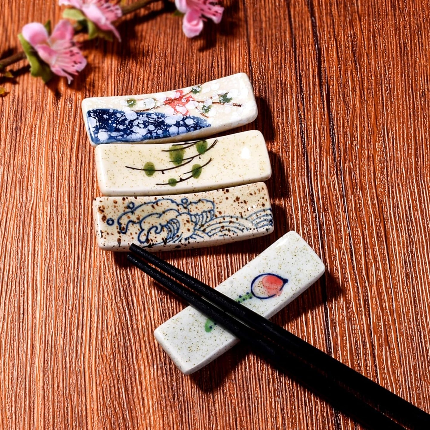 Set of 4 Japanese Ceramic Chopstick Rests – Vintage Glaze Hand-Painted Utensil Holders
