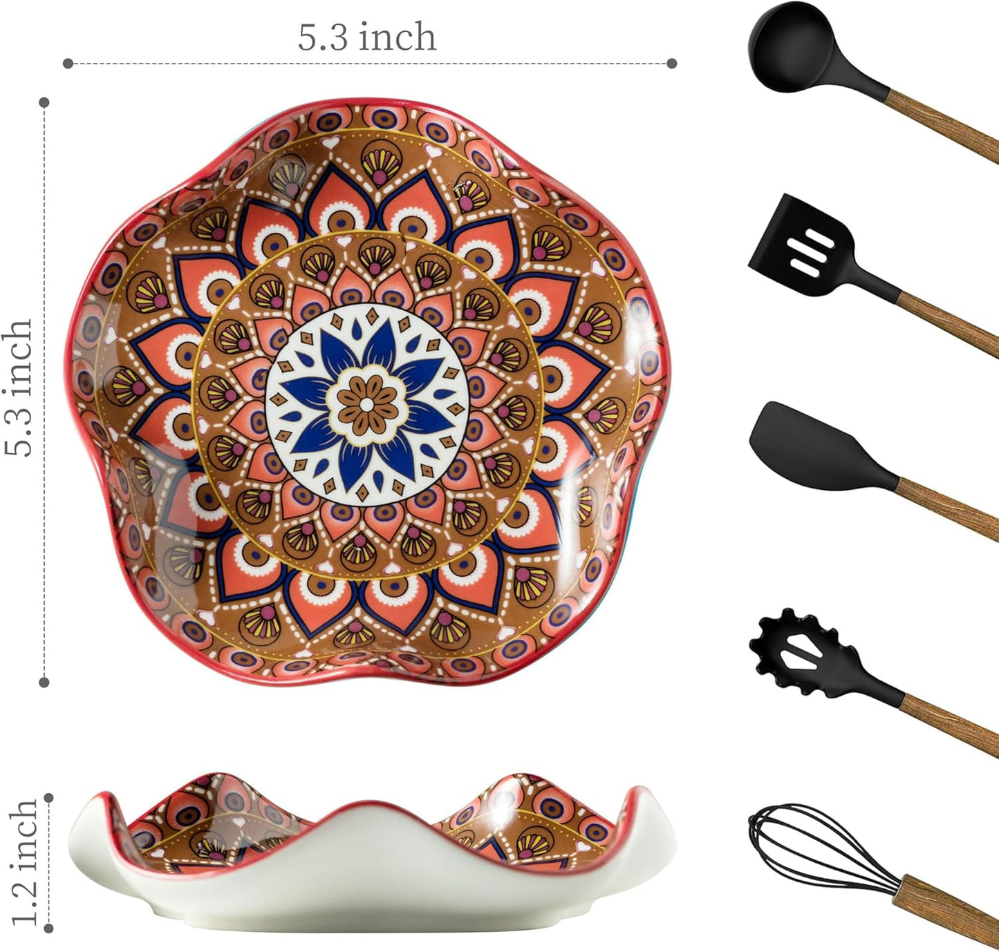 Mandala Ceramic Spoon Rest – 5.3" Decorative Boho-Style Wavy Plate for Kitchen Utensils