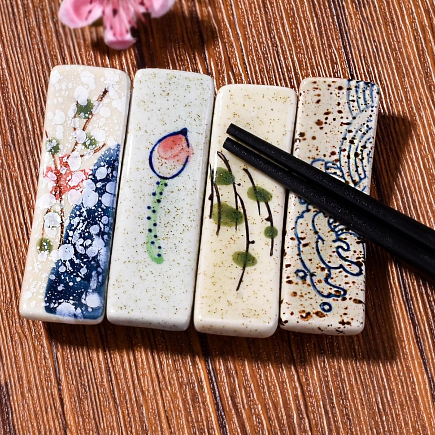 Set of 4 Japanese Ceramic Chopstick Rests – Vintage Glaze Hand-Painted Utensil Holders